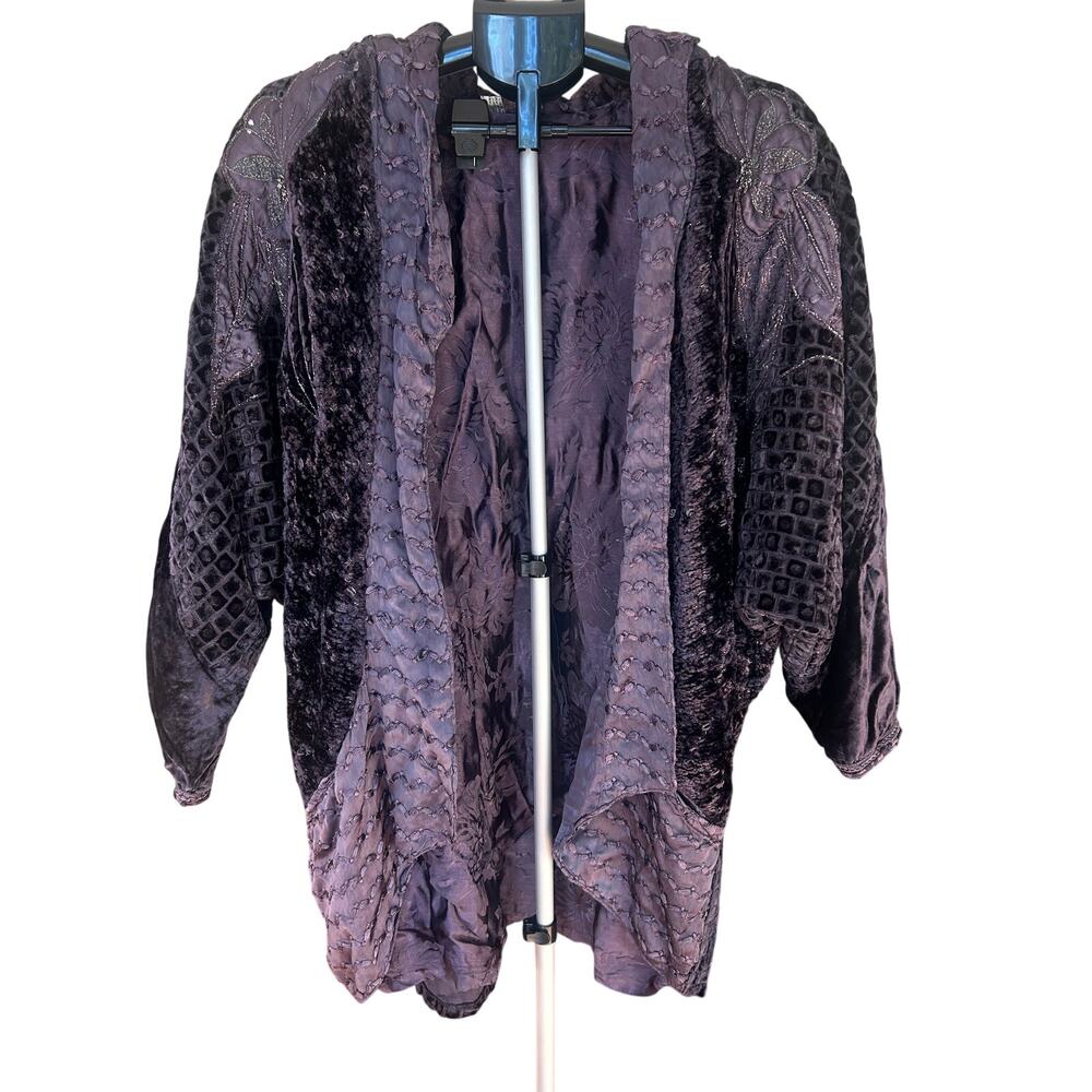 Vintage Italian Boho Purple Velvet Burnout Metallic Embroidered Open Coat L/XL